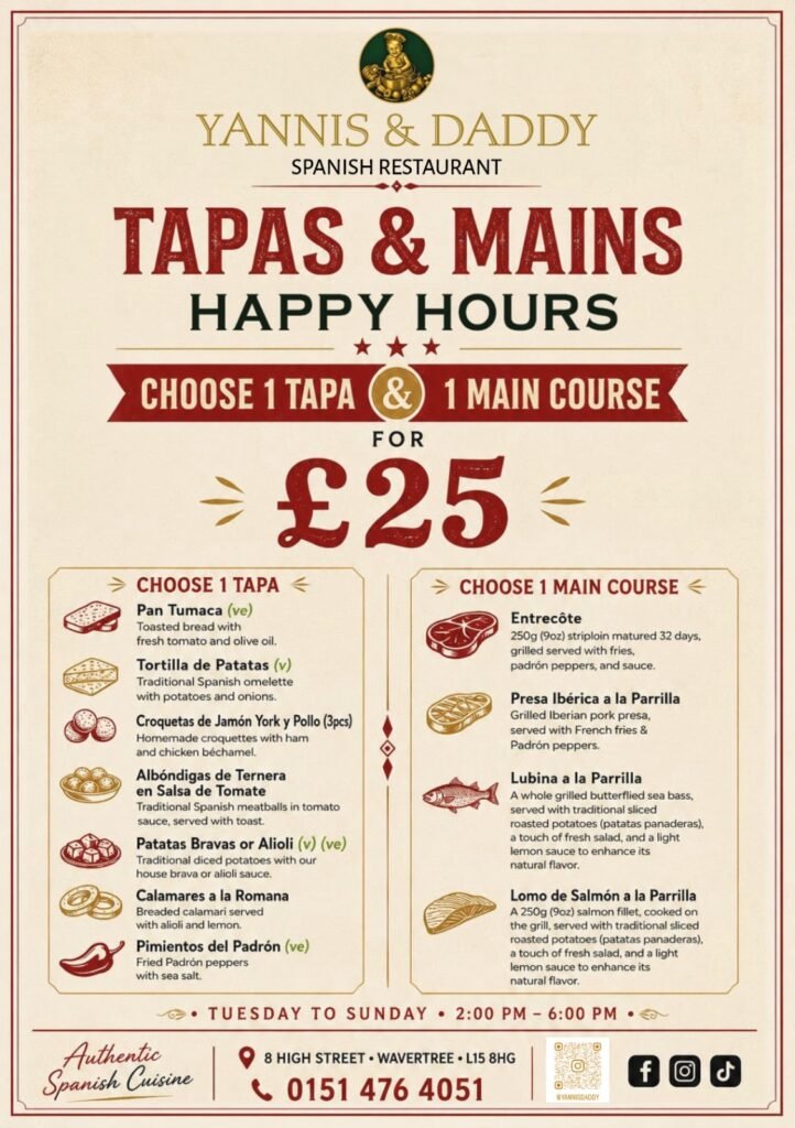 Yannis & Daddy Tapas & Mains Happy Hours – 1 tapa and 1 main course for £25, Tuesday to Sunday 2pm–6pm