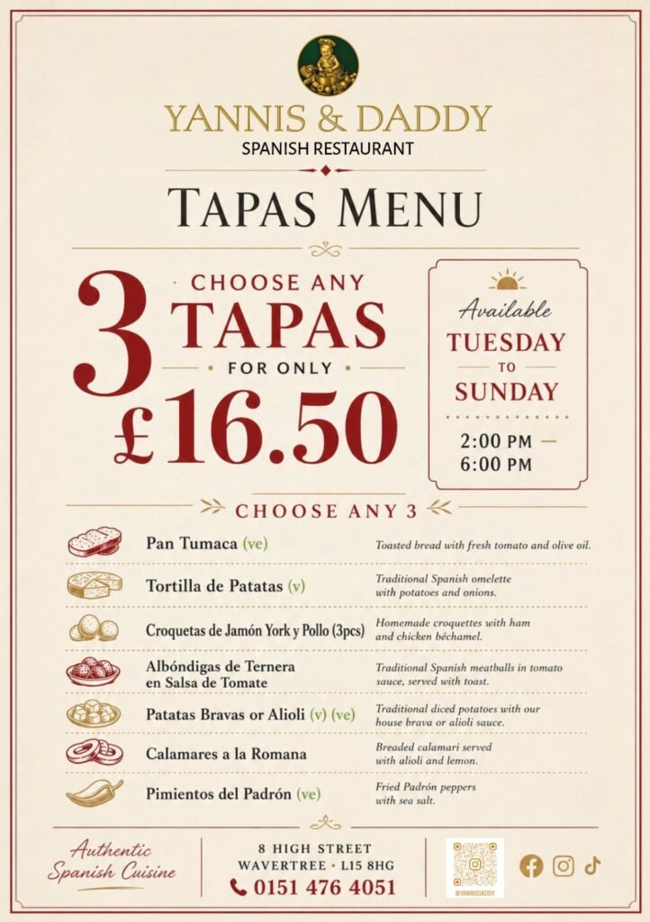 Yannis & Daddy Tapas Menu – choose any 3 tapas for £16.50, Tuesday to Sunday 2pm–6pm